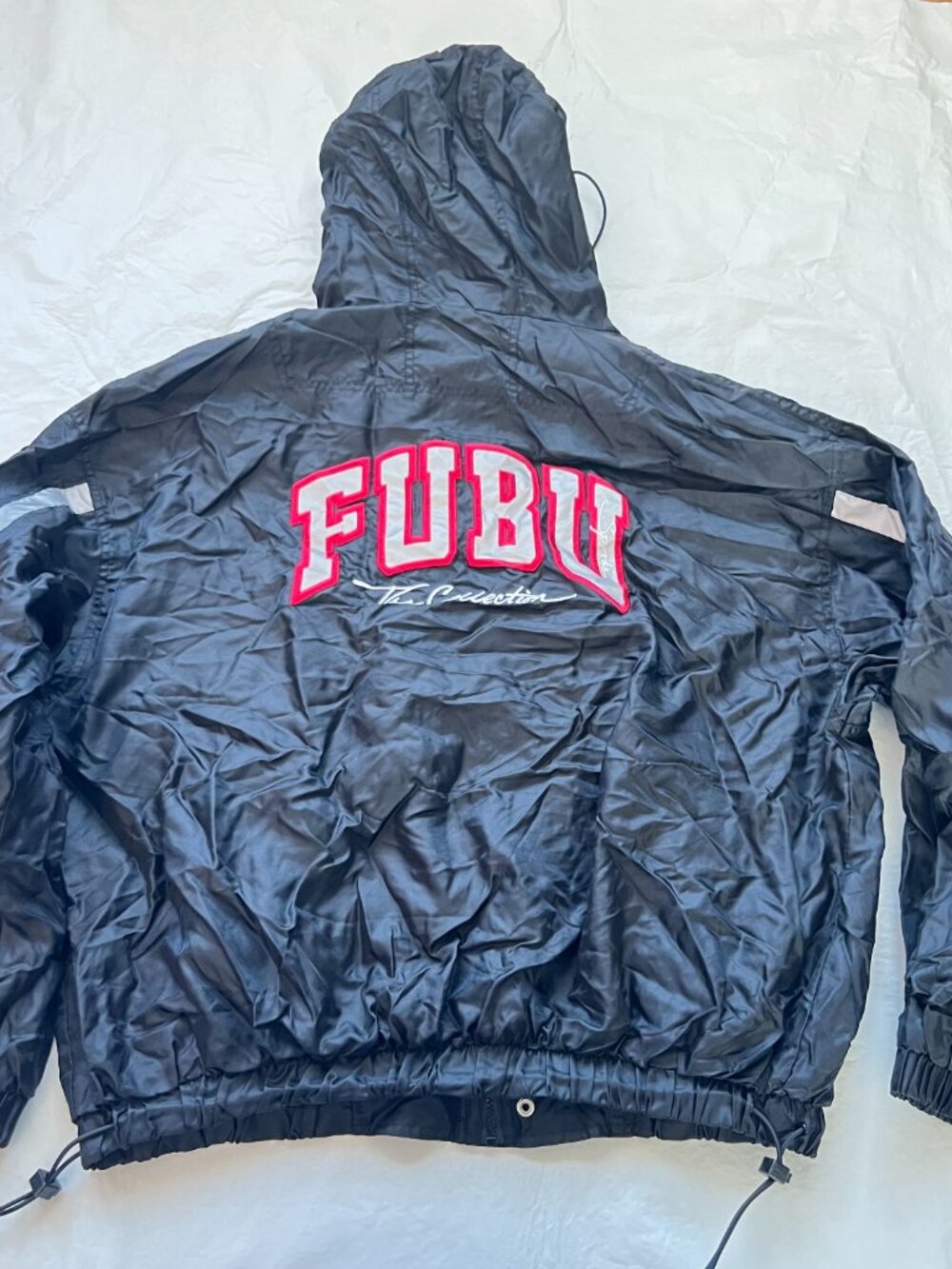 y2k FUBU jacket black nylon hooded coach button zip up XXL elastic toggle